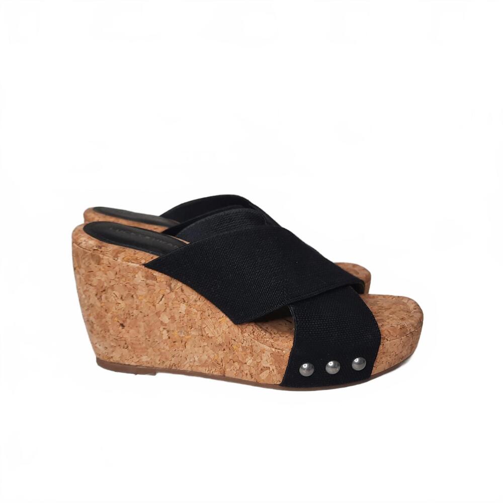 Lucky‎ Brand Womens Black Canvas Cork Wedge Platform Slide Sandals Studded 8.5 M
